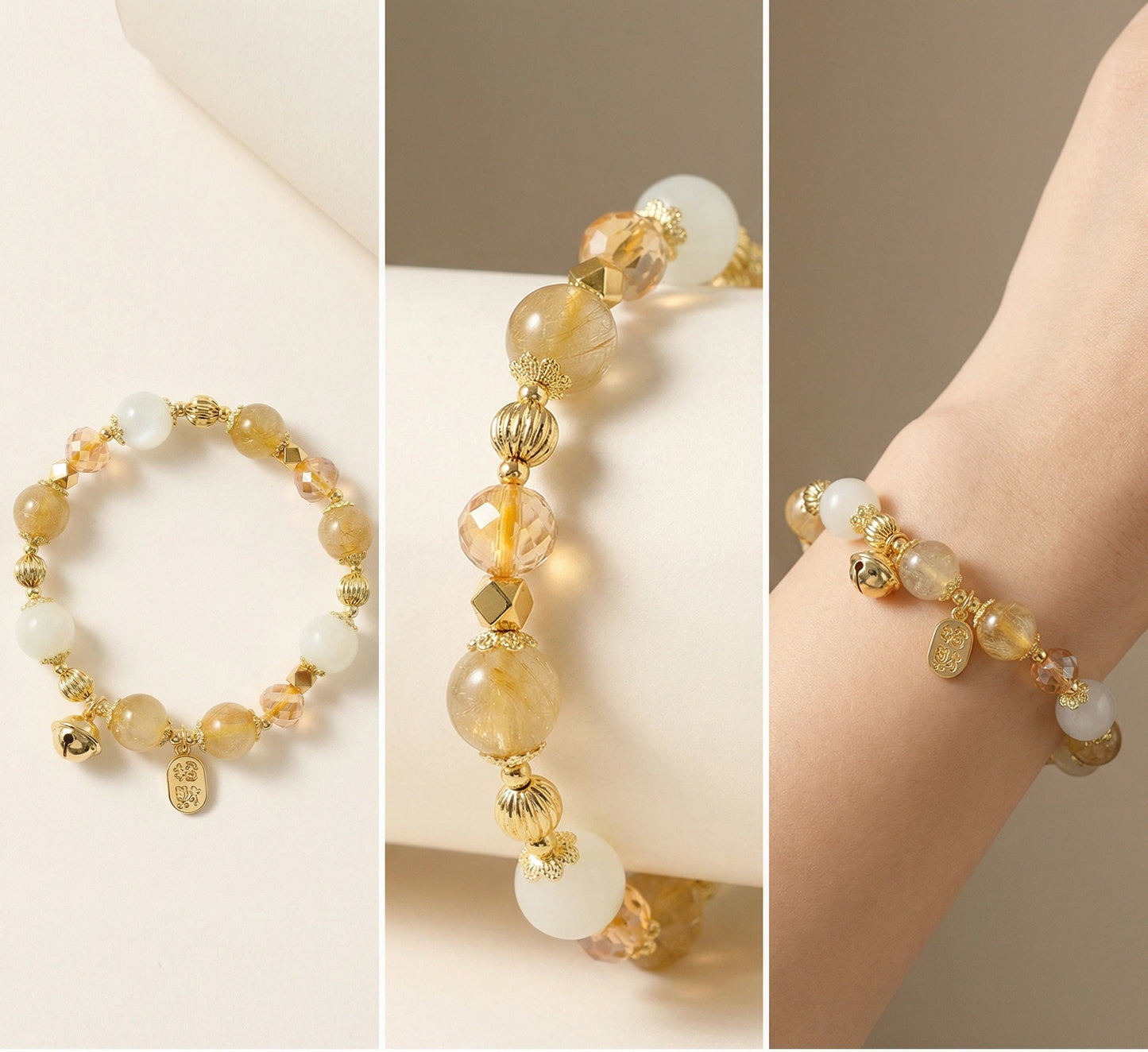 Golden Lunar Prosperity Bracelet - Golden Rutilated Quartz and Moonstone for Wealth and Intuition (8-10mm)