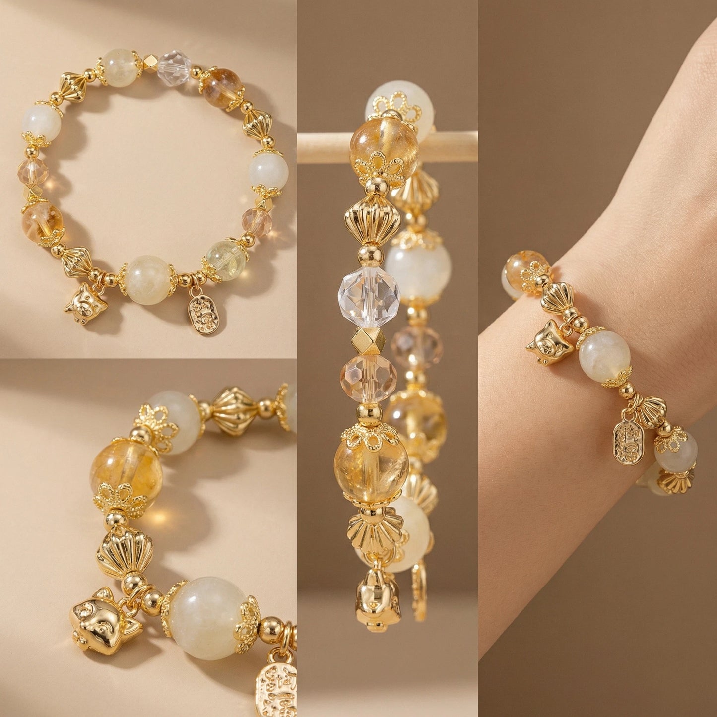 Golden Spirit Bracelet 金之靈手串 – 白玉、白水晶與琥珀色水晶 帶來力量、智慧與光芒