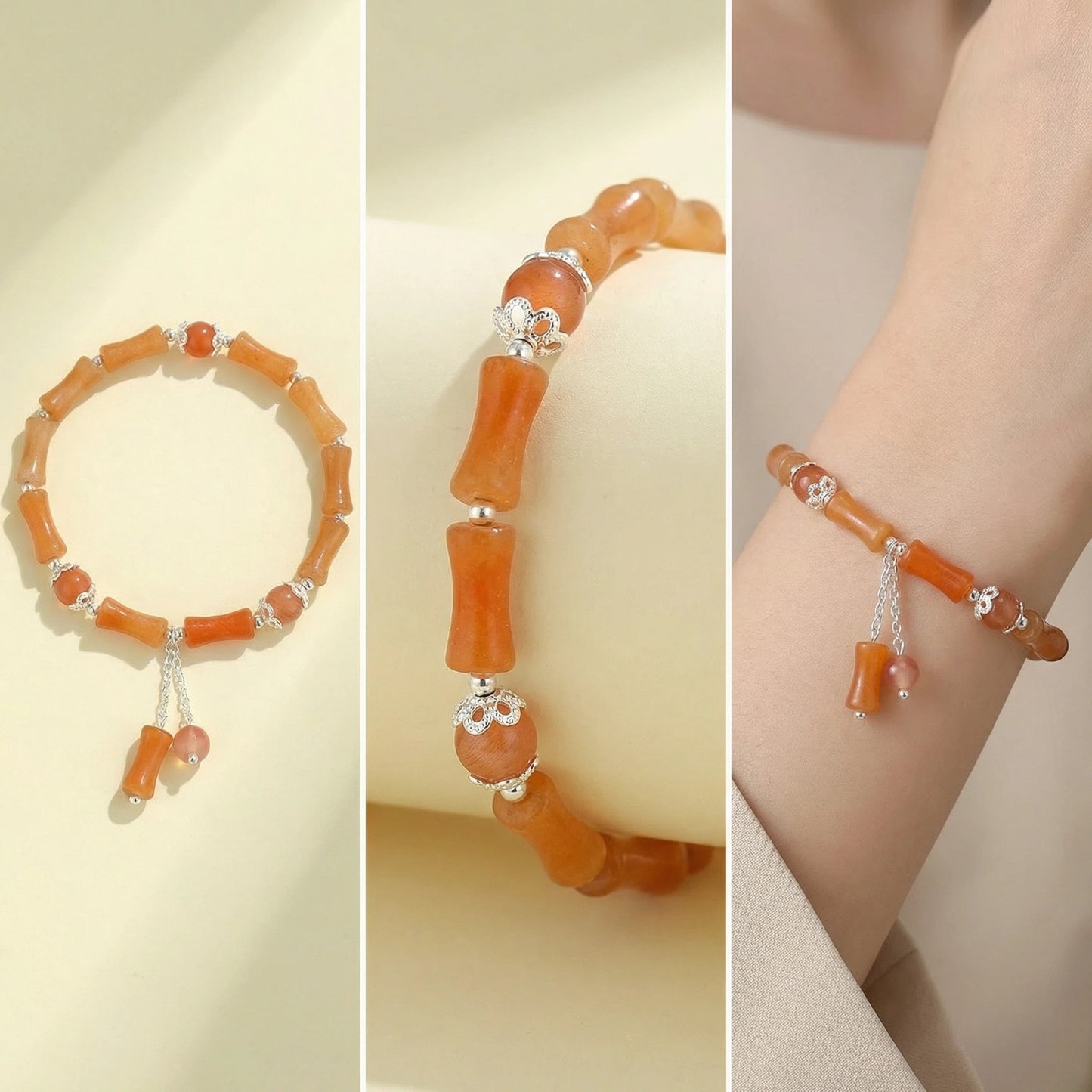 The Bamboo Vitality Bracelet, featuring red aventurine and silver accents, brings dynamic, powerful, and flowing energy.