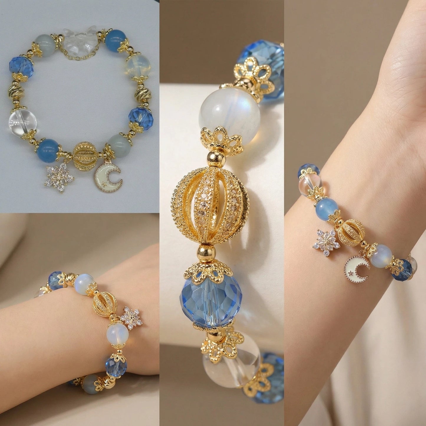 Moonlight Frost Bracelet – Blue crystal, opal, and clear quartz bring tranquility, magic, and winter elegance.