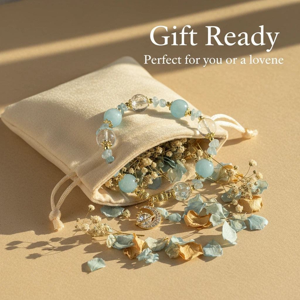 Celestial Clarity Bracelet - Aquamarine and White Crystal Star and Moon Pendant