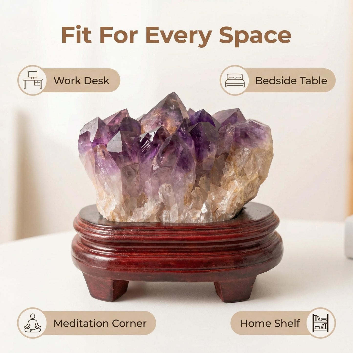 Amethyst cluster with wooden tray