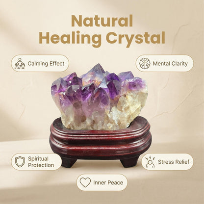 Amethyst cluster with wooden tray