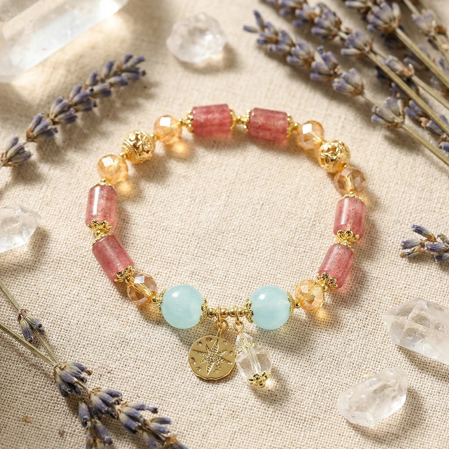 Ocean Blossom Bracelet / Strawberry Quartz and Aquamarine Bracelet: Love, Communication, and Tranquility (8-10mm)