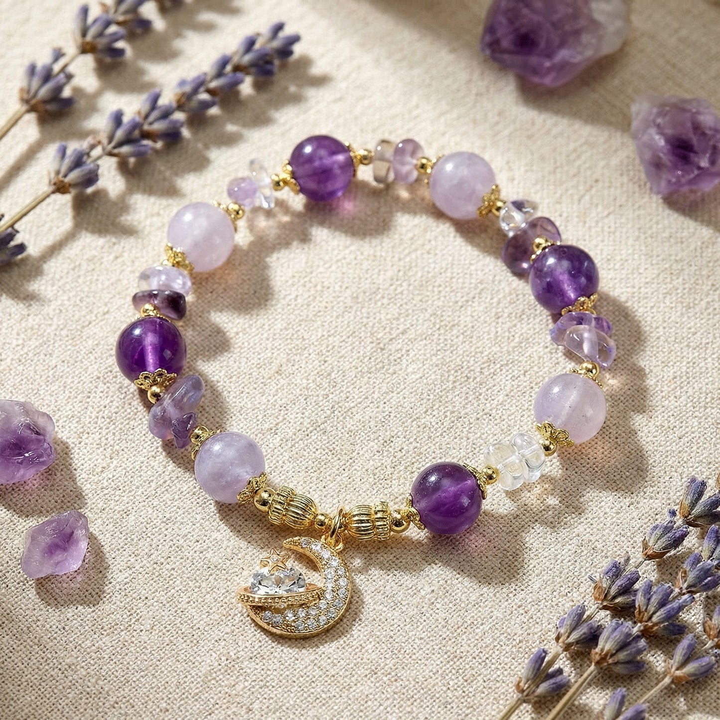 Moonlit Serenity Bracelet 月光靜謐手鍊- 紫水晶與薰衣草紫晶星月吊墜