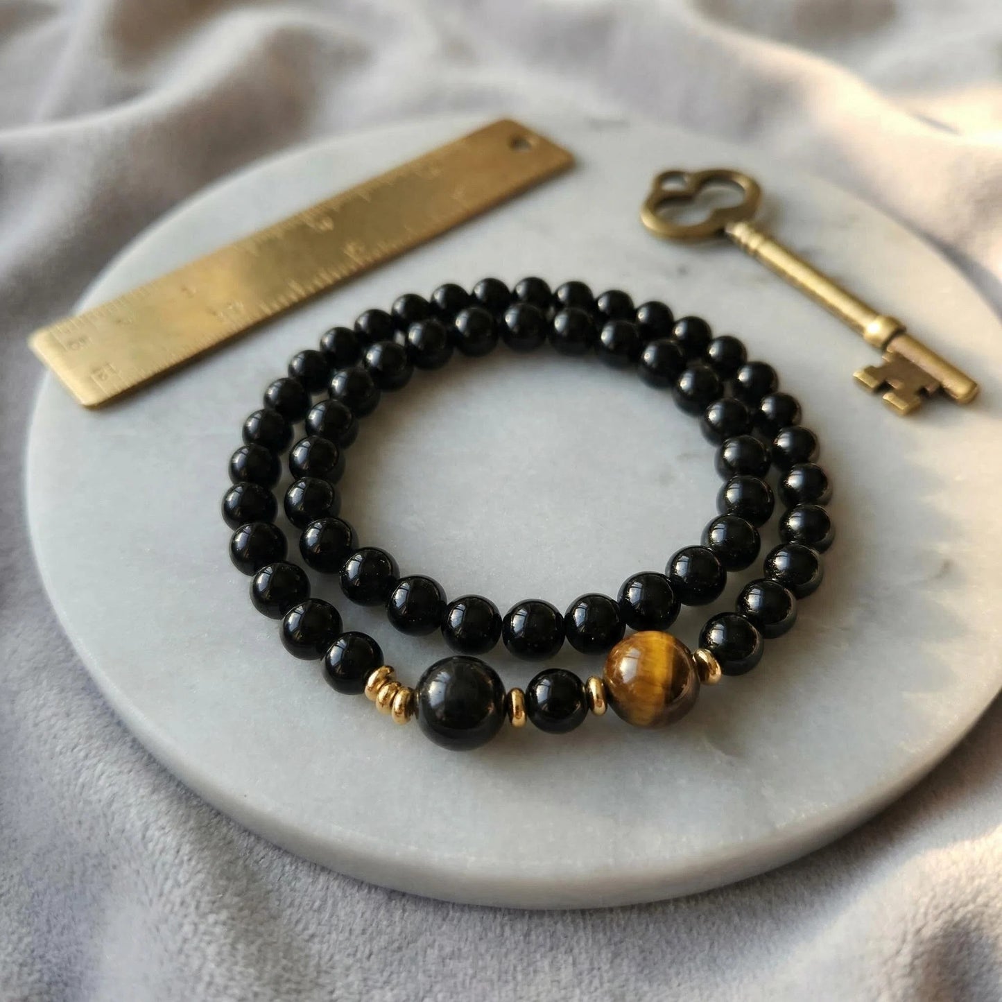 Obsidian x Tiger's Eye x Silver Sheen Obsidian Double-Wrap Protection Bracelet