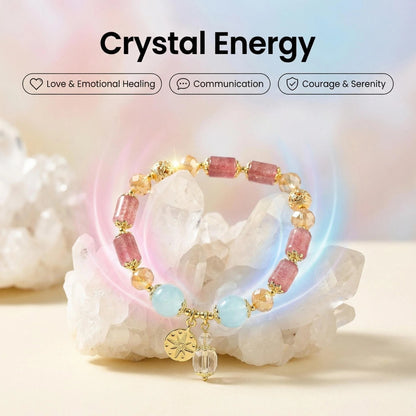 Ocean Blossom Bracelet / Strawberry Quartz and Aquamarine Bracelet: Love, Communication, and Tranquility (8-10mm)