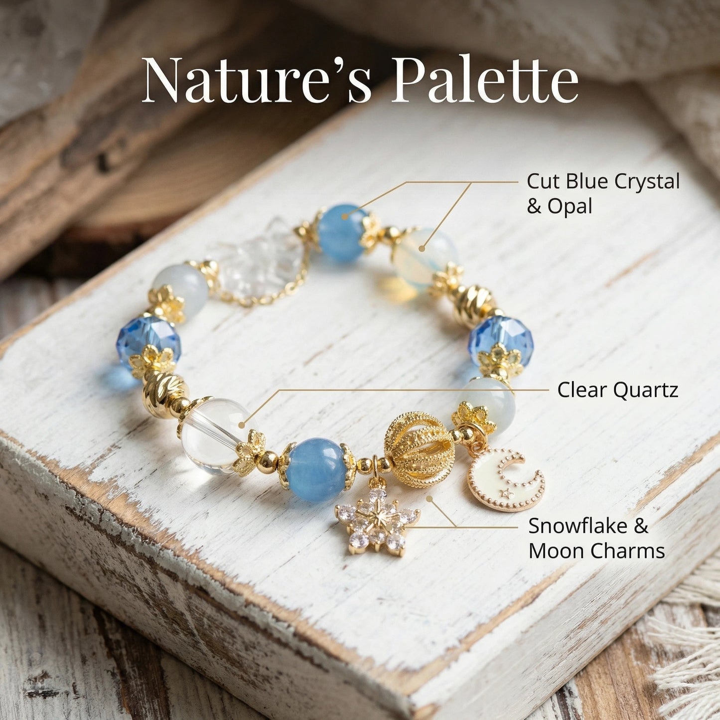 Moonlight Frost Bracelet – Blue crystal, opal, and clear quartz bring tranquility, magic, and winter elegance.