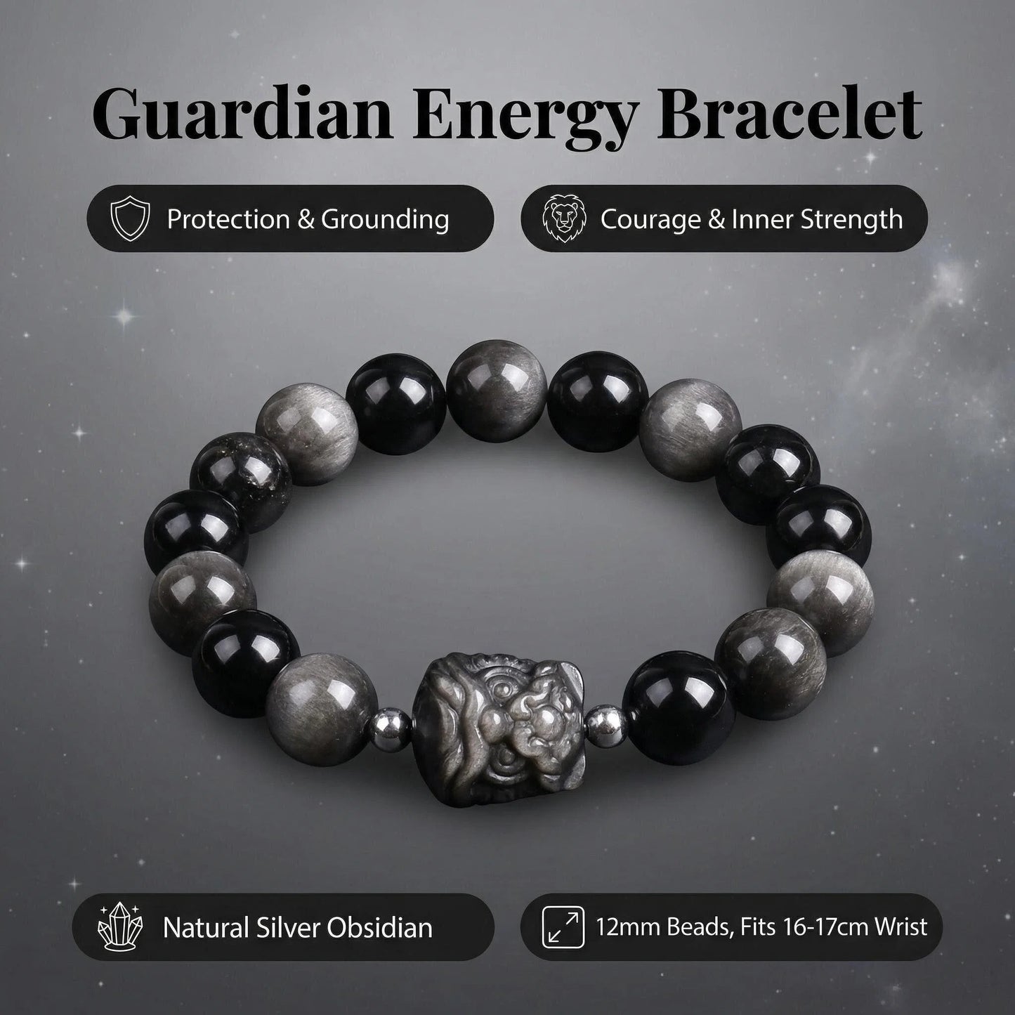 Silver Sheen Obsidian Guardian Lion Bracelet
