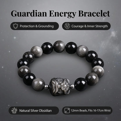 Silver Sheen Obsidian Guardian Lion Bracelet