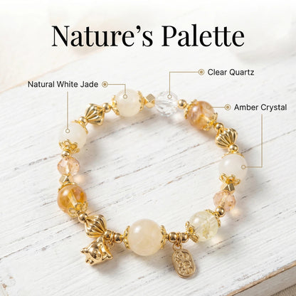 Golden Spirit Bracelet – White jade, white crystal, and amber crystal bring power, wisdom, and radiance.
