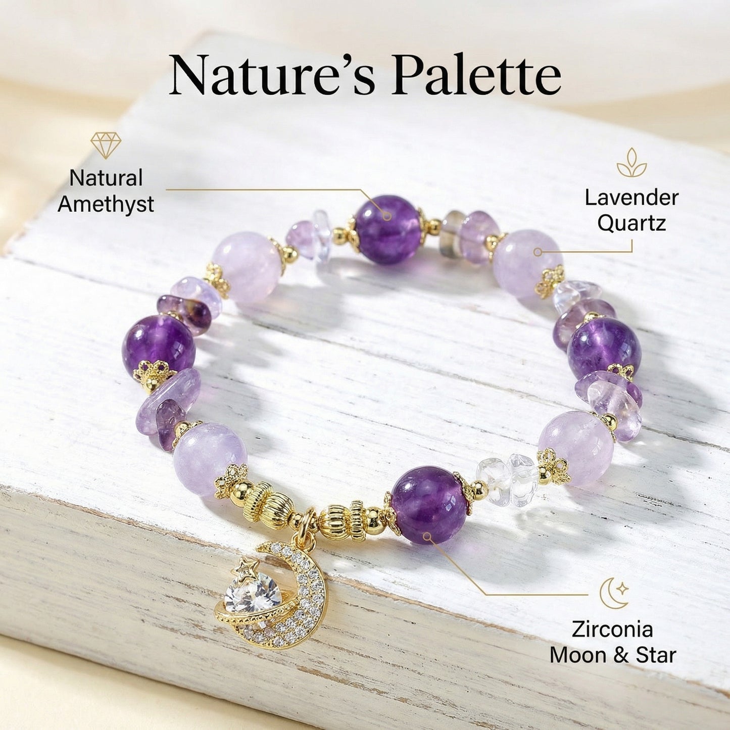 Moonlit Serenity Bracelet 月光靜謐手鍊- 紫水晶與薰衣草紫晶星月吊墜
