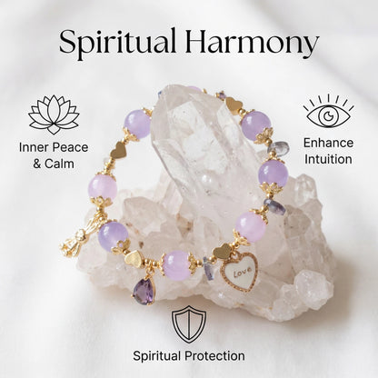 Whispers of Love Bracelet – Lavender jade, rose quartz, and amethyst bring love, elegance, and angelic protection.
