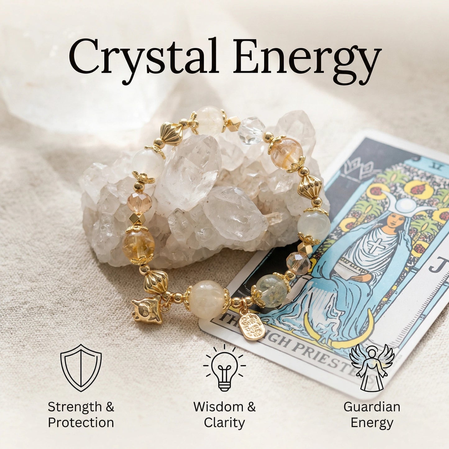 Golden Spirit Bracelet – White jade, white crystal, and amber crystal bring power, wisdom, and radiance.