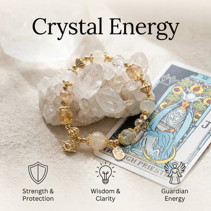 Golden Spirit Bracelet – White jade, white crystal, and amber crystal bring power, wisdom, and radiance.