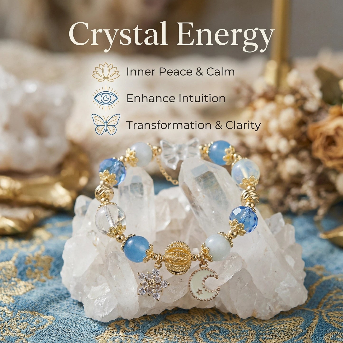 Moonlight Frost Bracelet – Blue crystal, opal, and clear quartz bring tranquility, magic, and winter elegance.