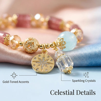 Ocean Blossom Bracelet / Strawberry Quartz and Aquamarine Bracelet: Love, Communication, and Tranquility (8-10mm)