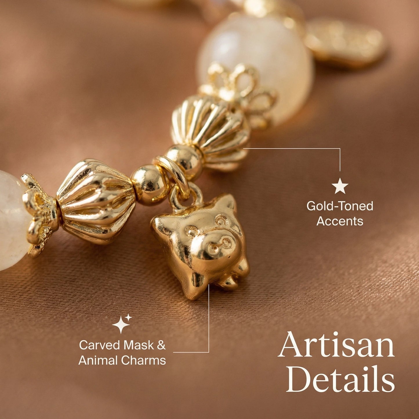 Golden Spirit Bracelet – White jade, white crystal, and amber crystal bring power, wisdom, and radiance.
