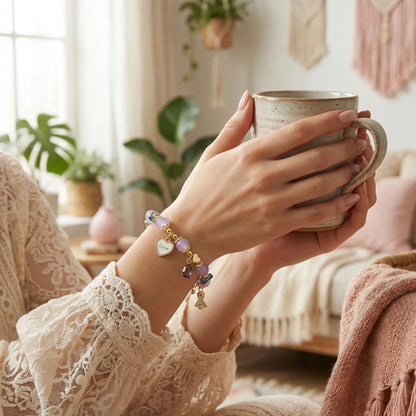 Whispers of Love Bracelet – Lavender jade, rose quartz, and amethyst bring love, elegance, and angelic protection.