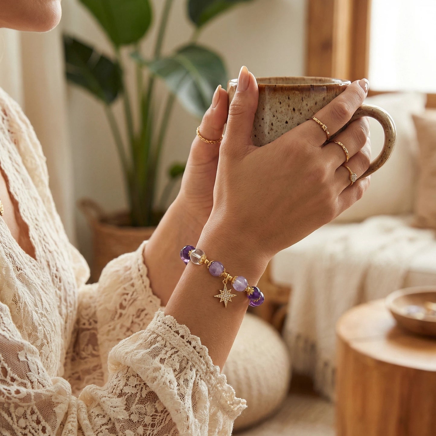 Polaris Wisdom Bracelet - Amethyst and Clear Quartz enhance intuition and clarity.