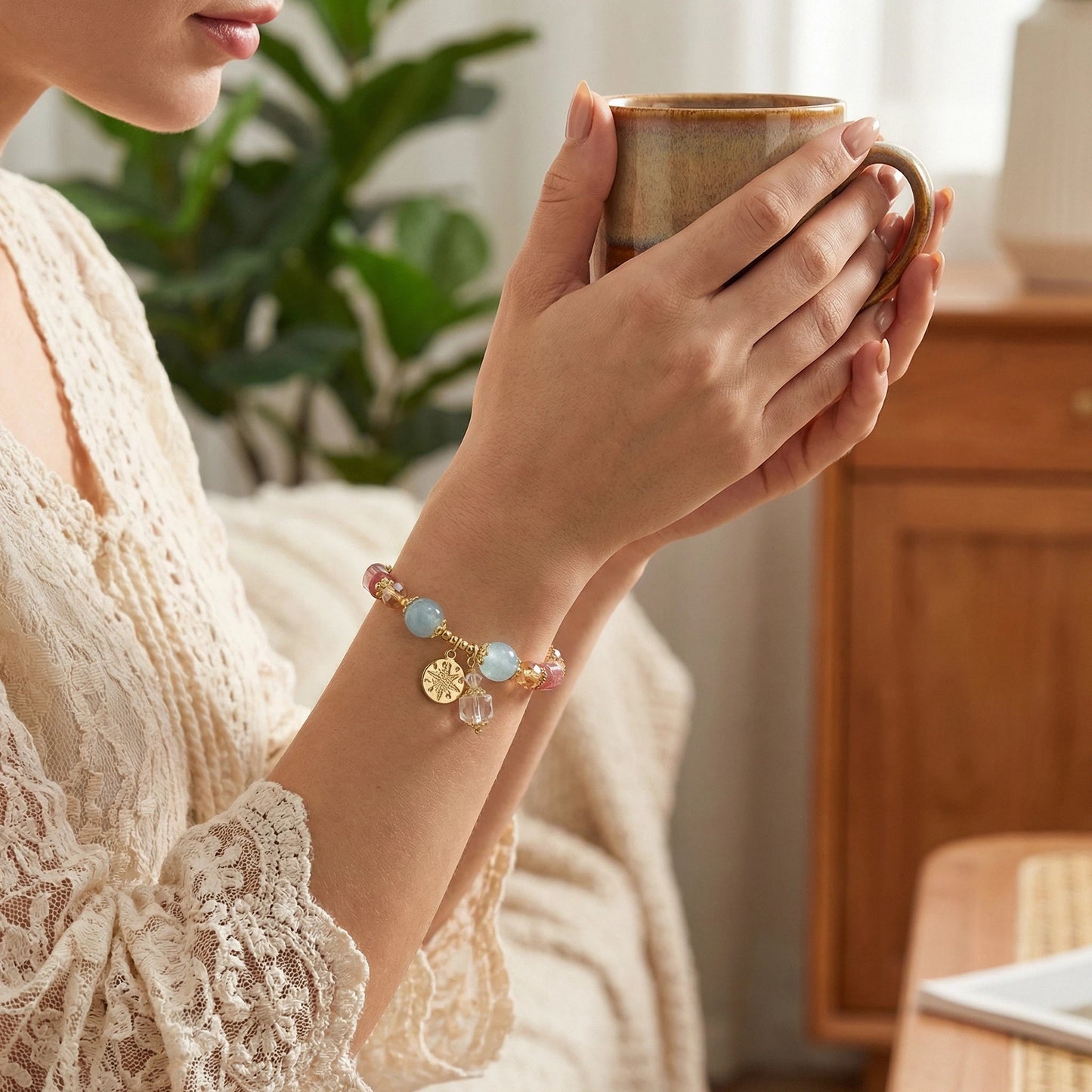 Ocean Blossom Bracelet / Strawberry Quartz and Aquamarine Bracelet: Love, Communication, and Tranquility (8-10mm)