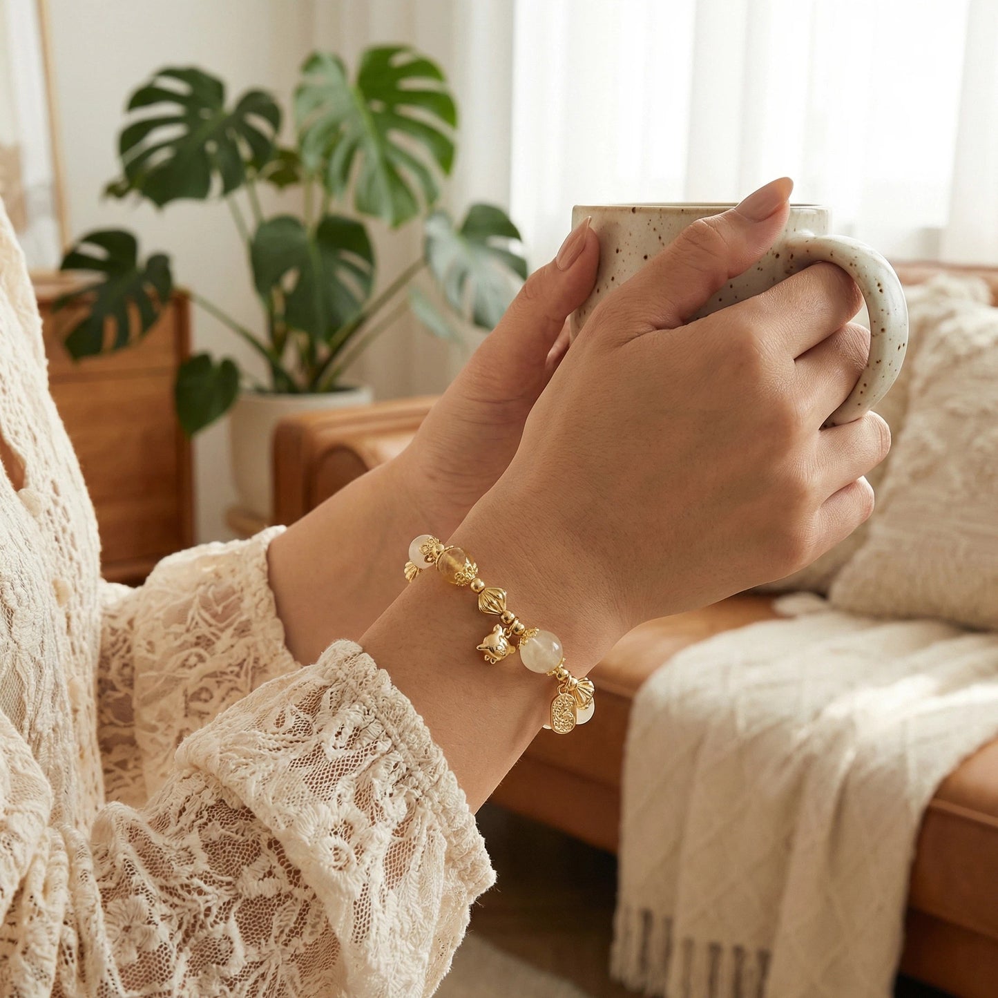 Golden Spirit Bracelet – White jade, white crystal, and amber crystal bring power, wisdom, and radiance.
