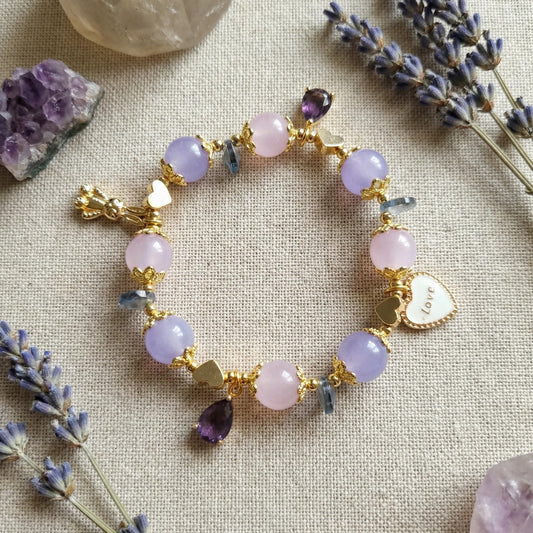 Whispers of Love Bracelet – Lavender jade, rose quartz, and amethyst bring love, elegance, and angelic protection.