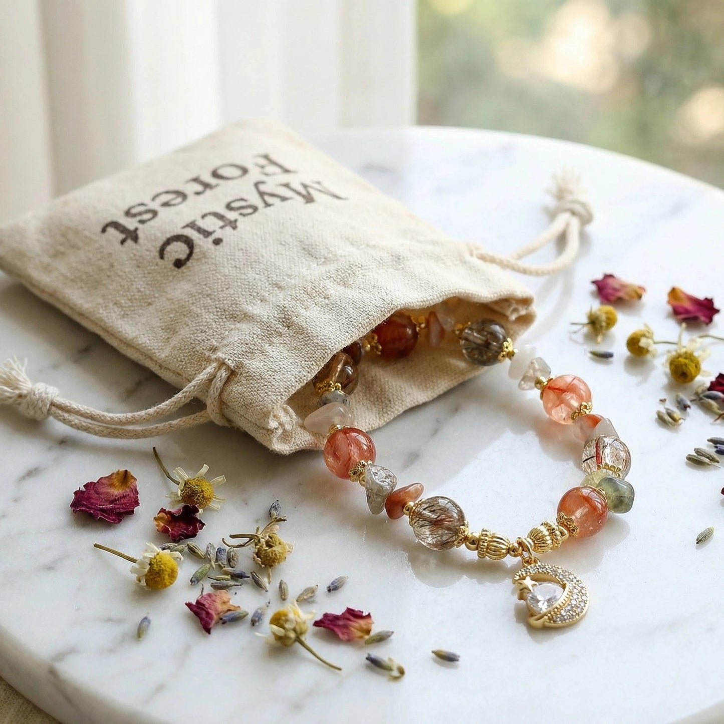 Earthfire Vitality Bracelet - A blend of rutilated quartz for grounding and creativity.