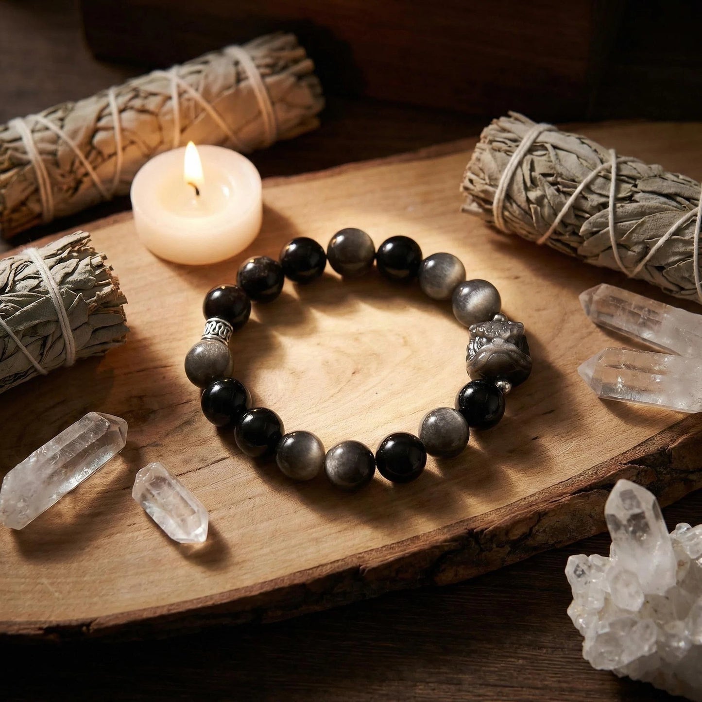 Silver Sheen Obsidian Guardian Lion Bracelet