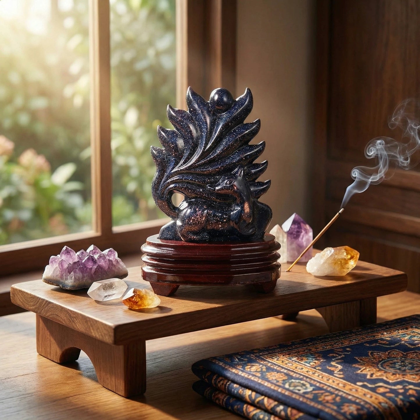 Shadow Spirit Fox – Blue Sandstone Edition Nine-Tailed Fox Guardian Statue - Blue Sandstone Version 🦊