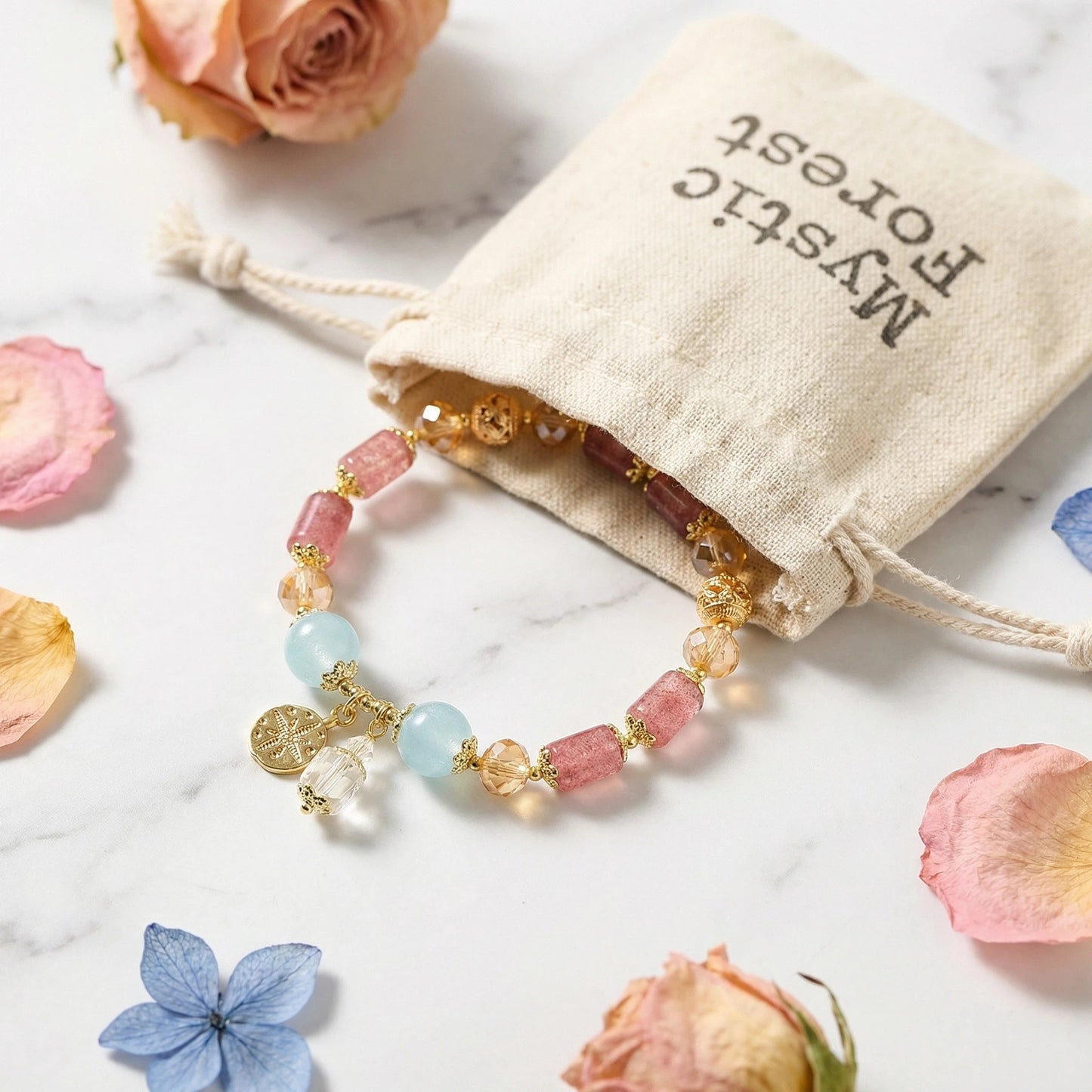 Ocean Blossom Bracelet / Strawberry Quartz and Aquamarine Bracelet: Love, Communication, and Tranquility (8-10mm)