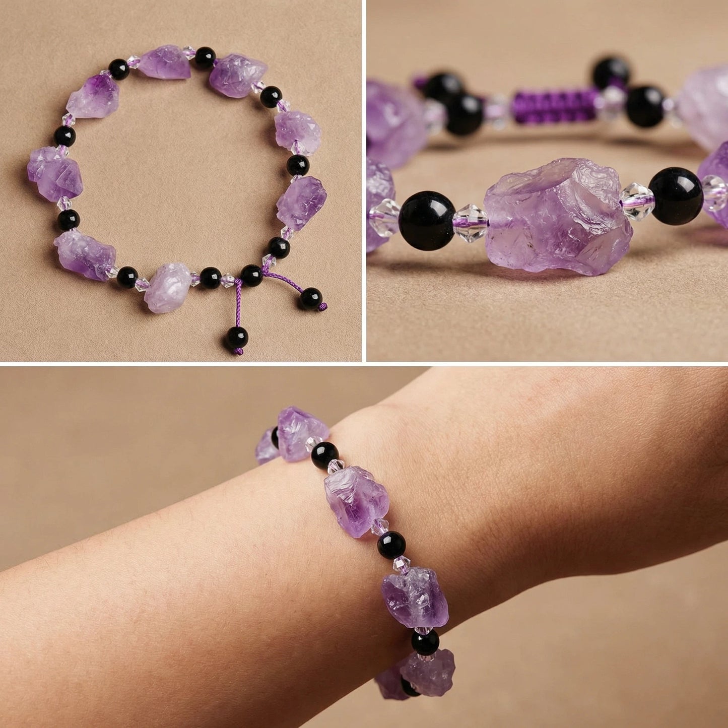 Mystic Veil Bracelet – Raw amethyst brings intuition, stability, and spiritual clarity.