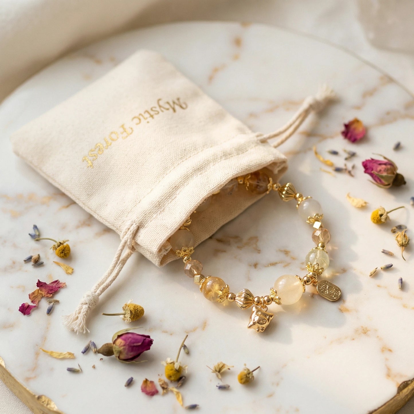 Golden Spirit Bracelet – White jade, white crystal, and amber crystal bring power, wisdom, and radiance.