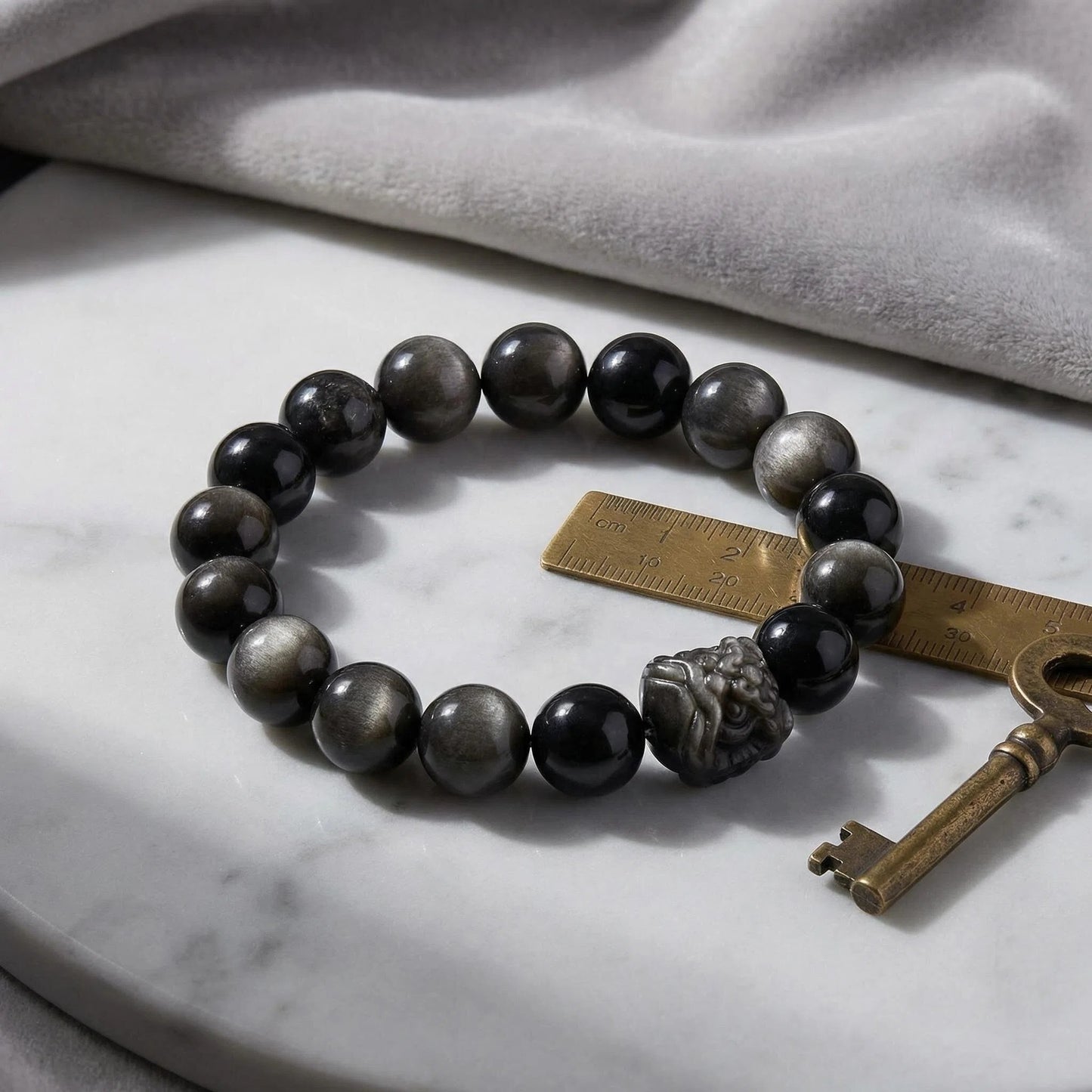 Silver Sheen Obsidian Guardian Lion Bracelet