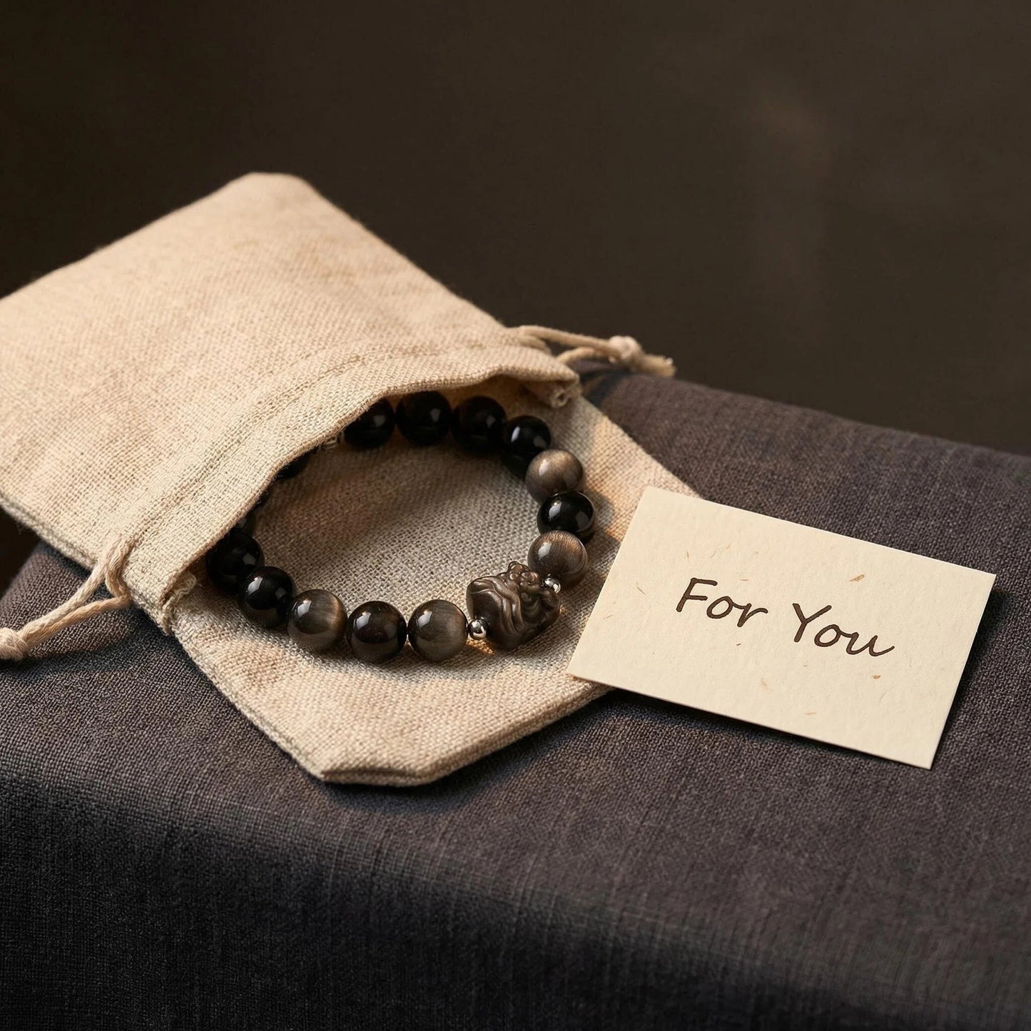 Silver Sheen Obsidian Guardian Lion Bracelet