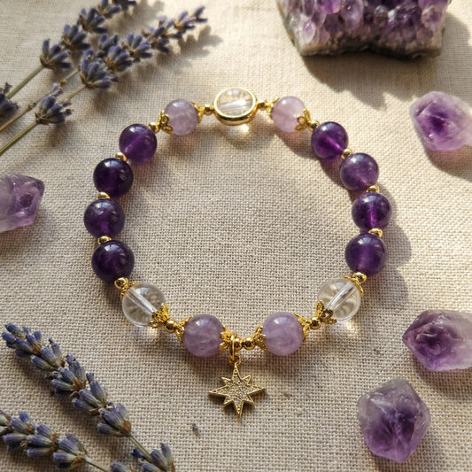 Polaris Wisdom Bracelet - Amethyst and Clear Quartz enhance intuition and clarity.