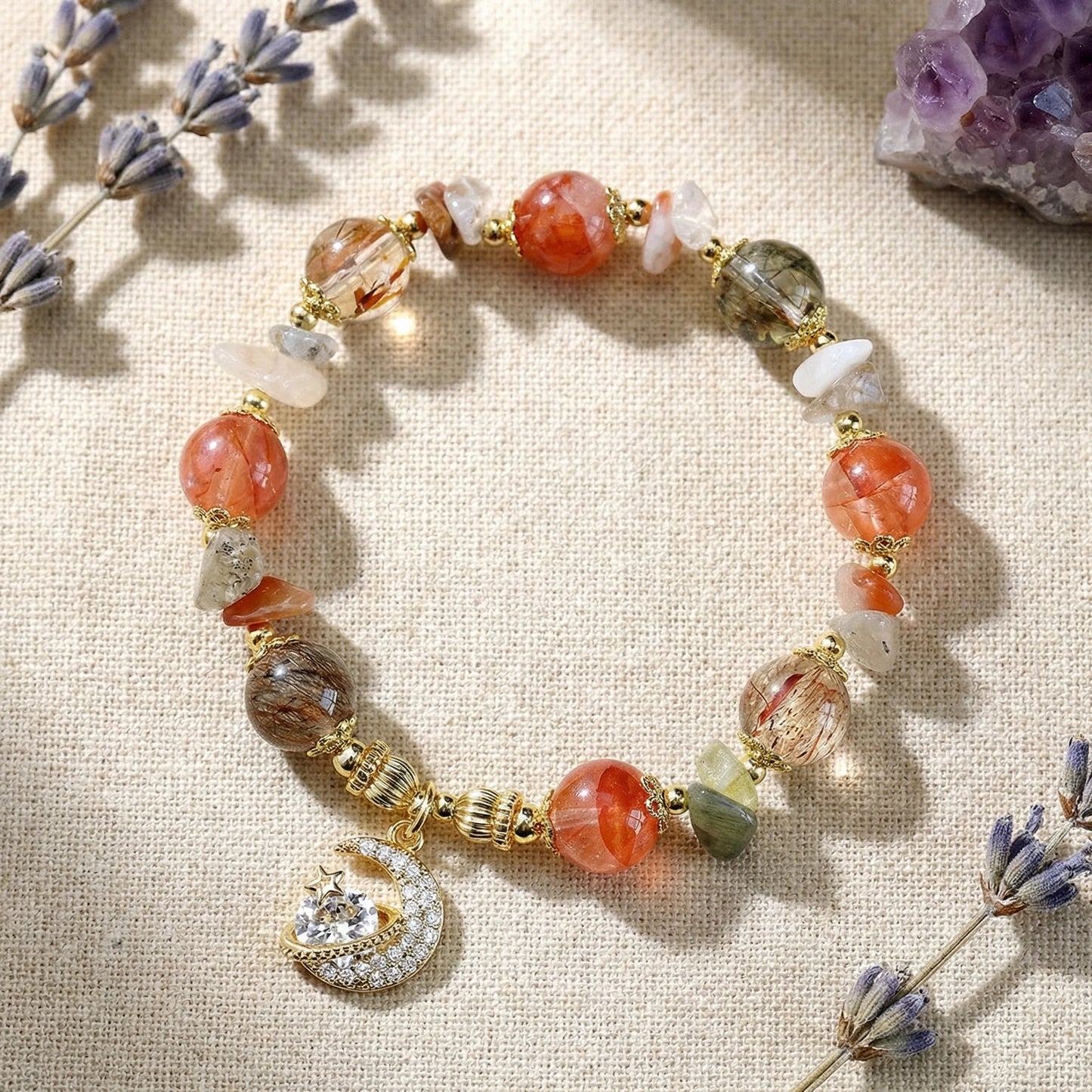 Earthfire Vitality Bracelet - A blend of rutilated quartz for grounding and creativity.