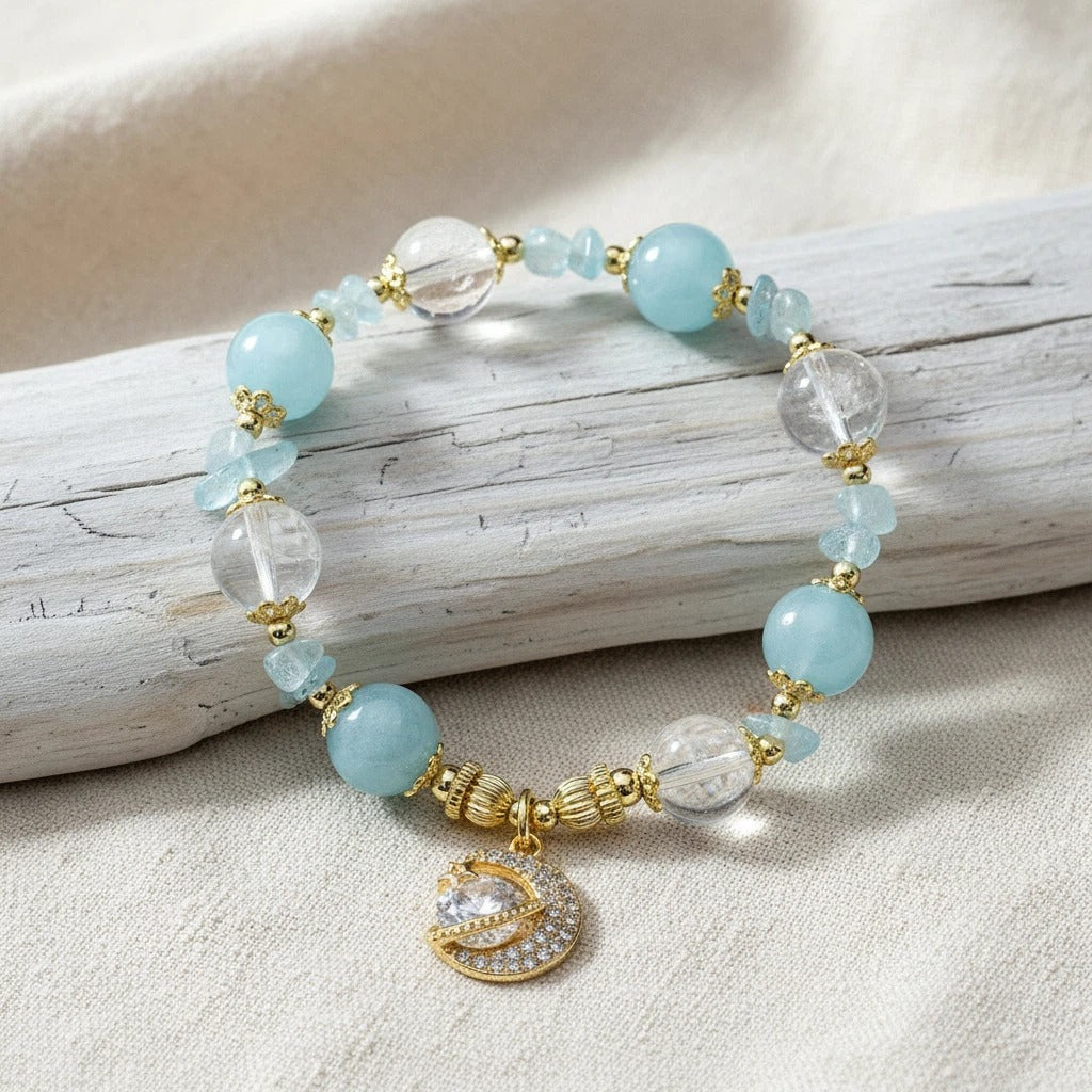Celestial Clarity Bracelet 星辰淨化手鍊 - 海藍寶與白水晶星月吊墜