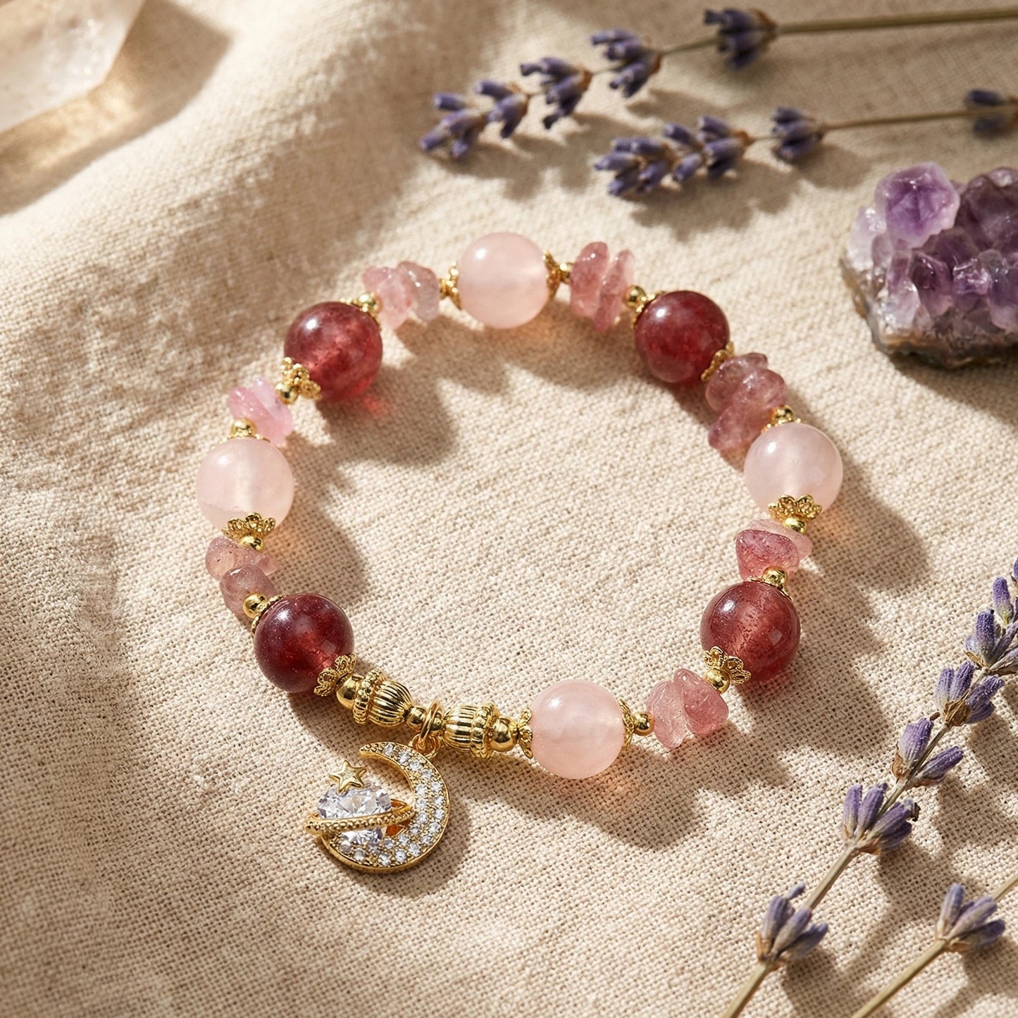 Cosmic Heart Bloom Bracelet - Strawberry Quartz and Rose Quartz to Awaken Love and Attraction