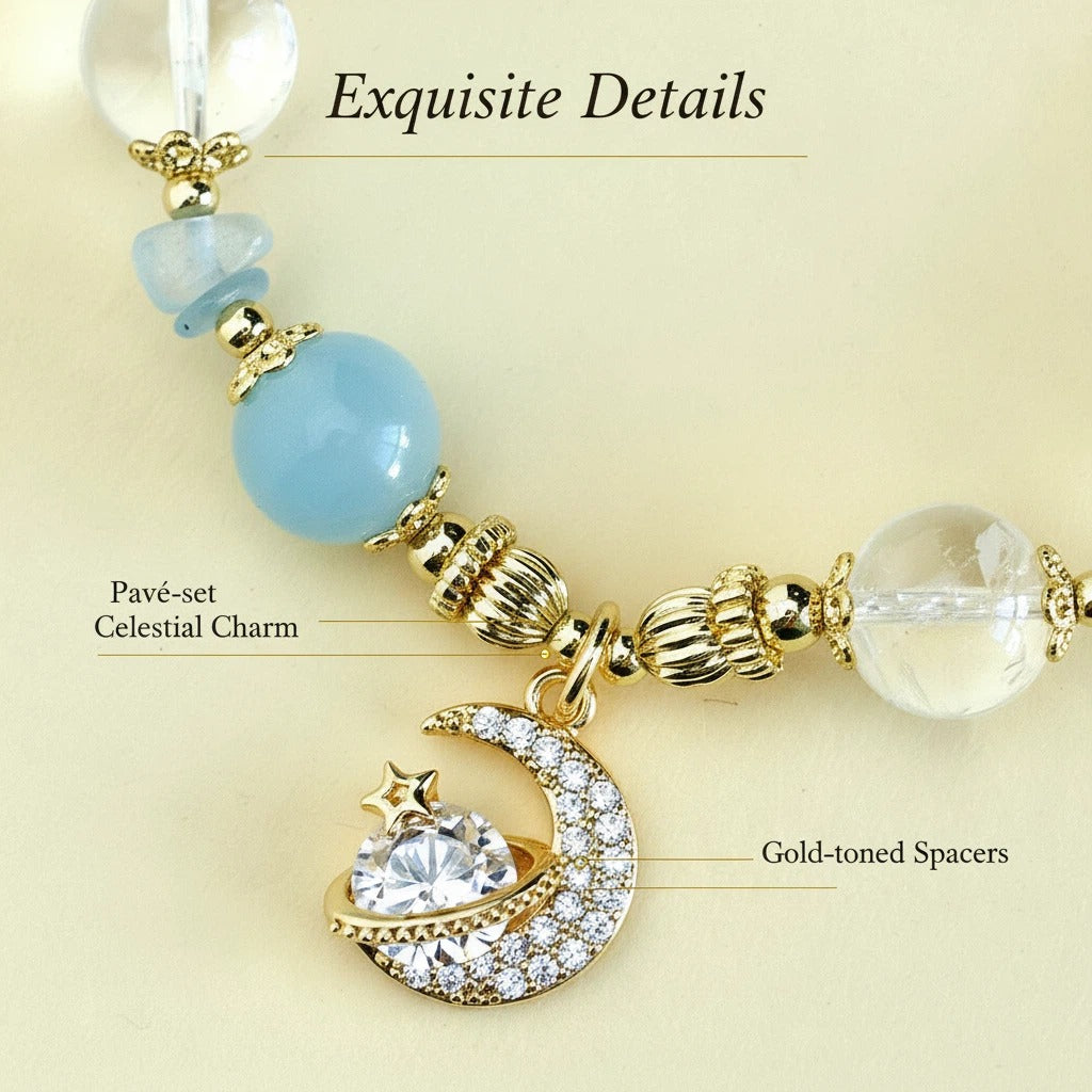 Celestial Clarity Bracelet 星辰淨化手鍊 - 海藍寶與白水晶星月吊墜