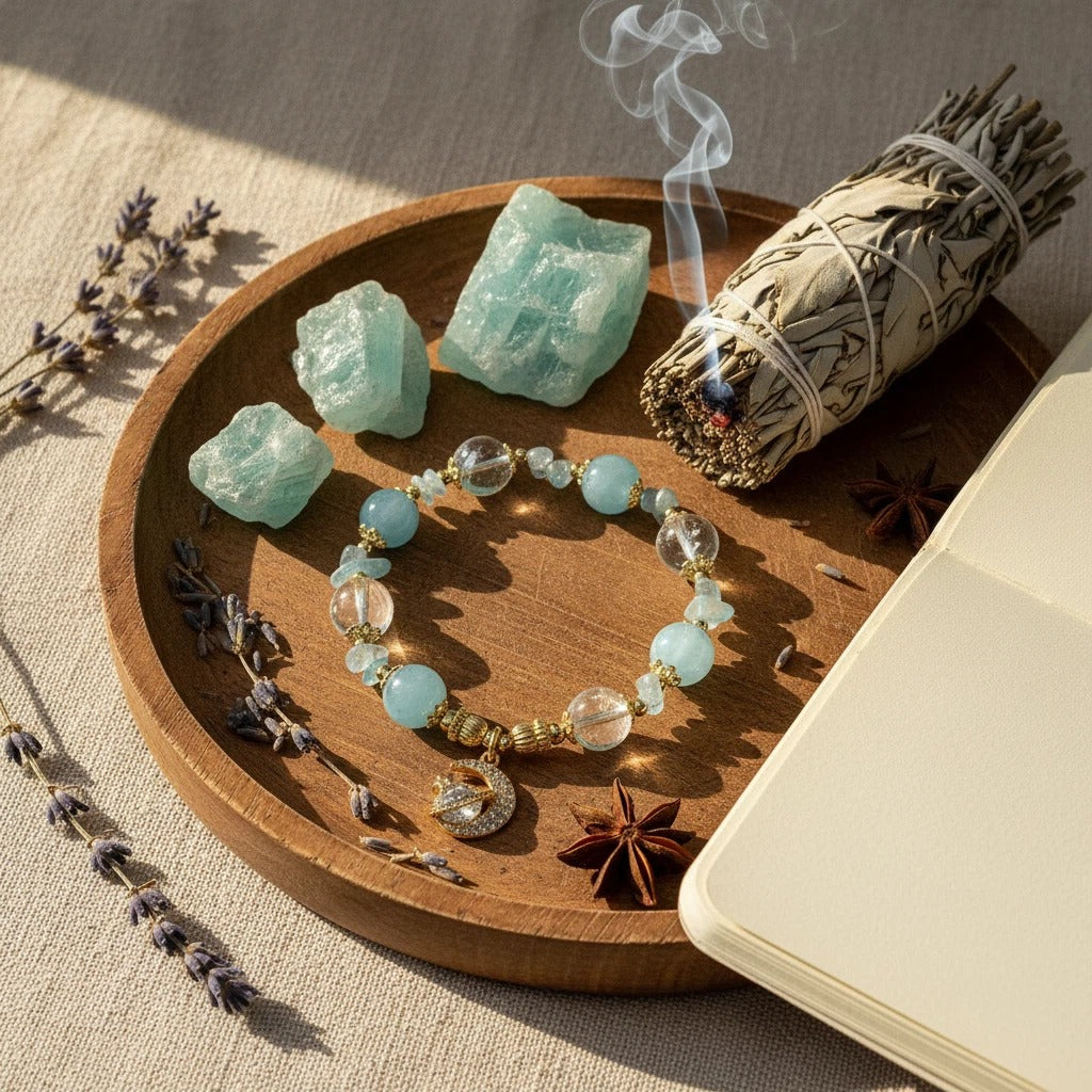 Celestial Clarity Bracelet 星辰淨化手鍊 - 海藍寶與白水晶星月吊墜